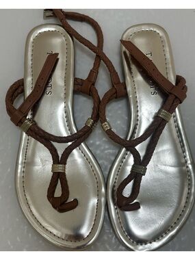 Brown Braided Leather women’s T-Strap Sandals by Talbots